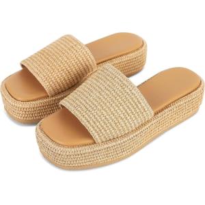 Platform Slip on Espadrille Sandals for Women Wedges Slides Bohemia Sandals Flatform Open Toe Beach Sandals(1 Brown)