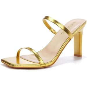 Women’s Heels Sandals Block Chunky Mid Heels Slip On Slides 3.5 Inch Heeled Square Open Toe Sandals for Women(Gold)