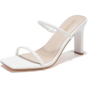 Women’s Heels Sandals Block Chunky Mid Heels Slip On Slides 3.5 Inch Heeled Square Open Toe Sandals for Women(White)