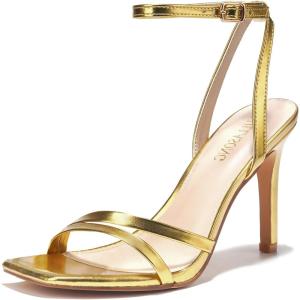Women’s Heels Strappy Ankle Strap High Heels 3.5 Inch Heeled Square Open Toe Sandals for Women(Gold)