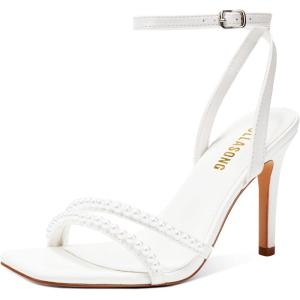 Women’s Heels Strappy Ankle Strap High Heels 3.5 Inch Heeled Square Open Toe Sandals for Women(Pearl White)