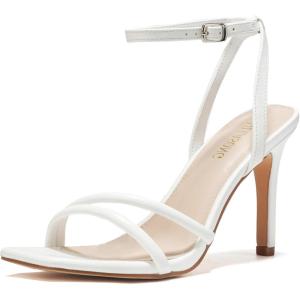 Women’s Heels Strappy Ankle Strap High Heels 3.5 Inch Heeled Square Open Toe Sandals for Women(White)