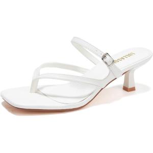 Women’s Kitten Heels Sandals Flip Flops Low Heels Slip On Slides 1.8-2 Inch Heeled Square Open Toe Sandals for Women(White)