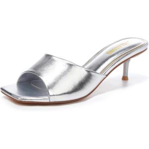 Women’s Kitten Heels Sandals Low Heels Slip On Slides 2 Inch Heeled Square Open Toe Sandals for Women(Silver)