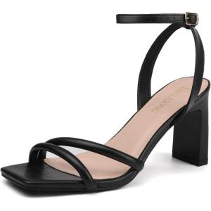 Womens Strappy Heeled Sandals Square Open Toe Chunky High Heels Strappy Ankle Buckle Pump Sandals Sexy Dress Party Shoes(Black)
