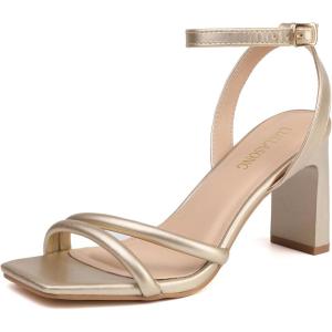 Womens Strappy Heeled Sandals Square Open Toe Chunky High Heels Strappy Ankle Buckle Pump Sandals Sexy Dress Party Shoes(Gold)
