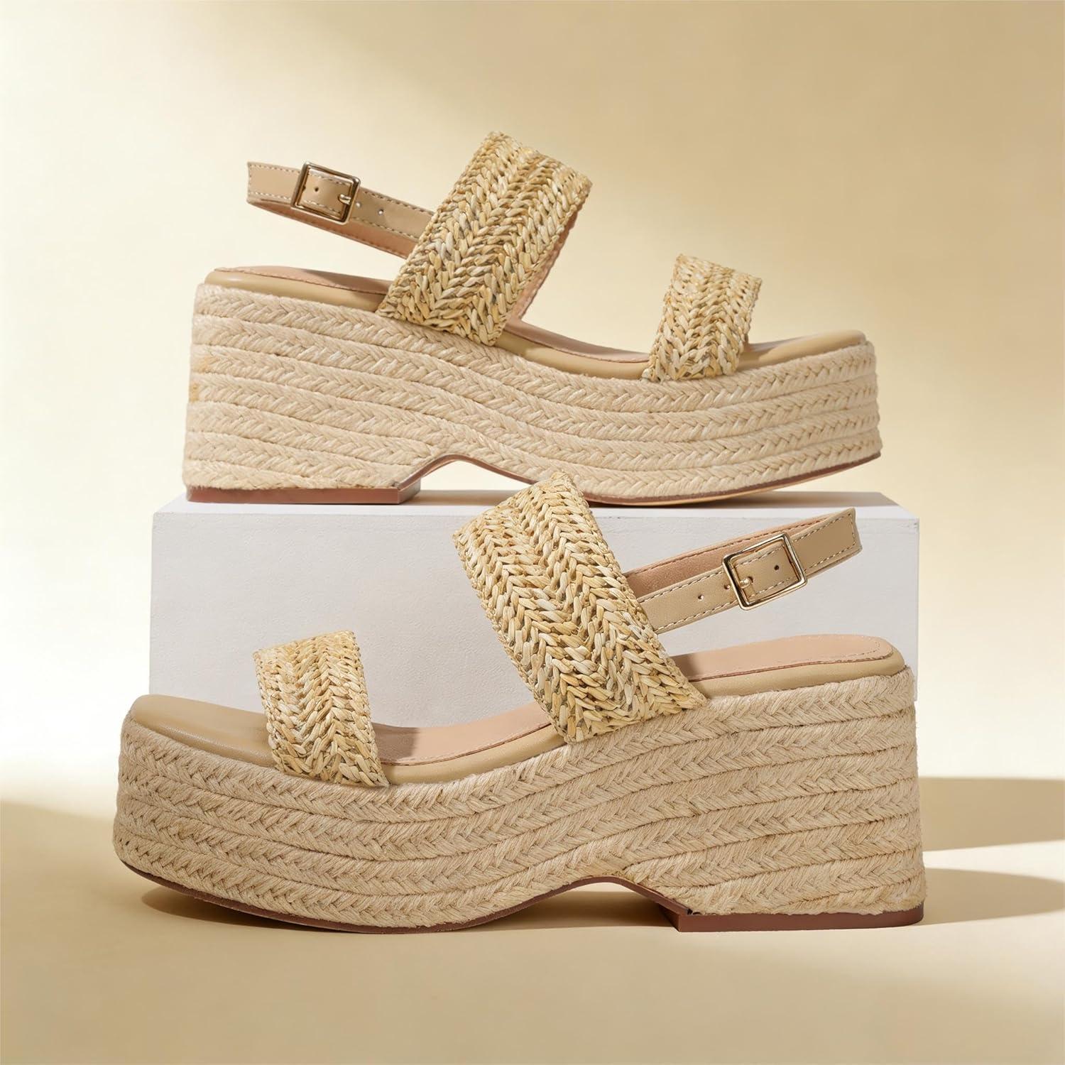 image:imagePlatform Sandals Women Open Toe Ankle Strap Summer Wedge Espadrille Sandals Cute Beach Straw Raffia Woven Sandals Comfortable Vacation Dress Shoes1 Apricot