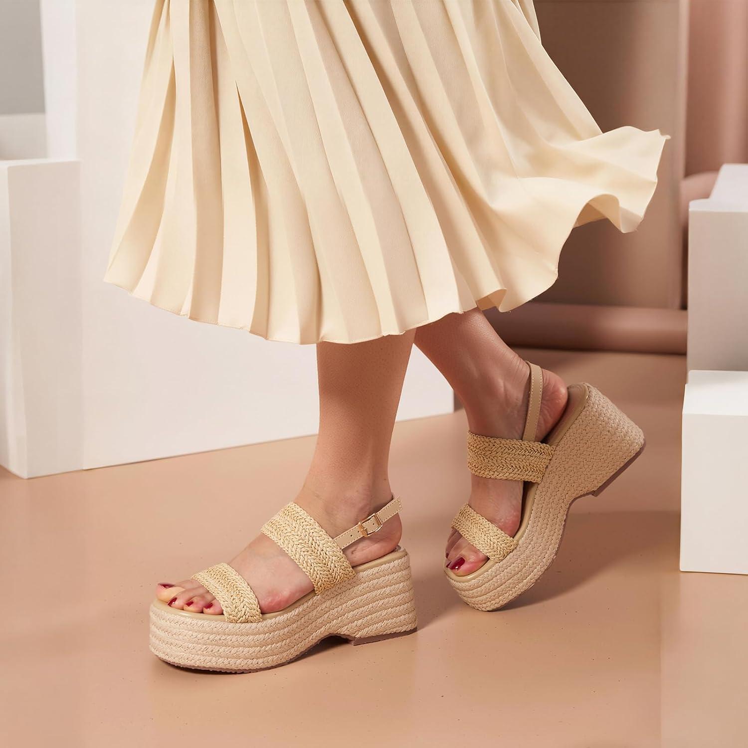image:imagePlatform Sandals Women Open Toe Ankle Strap Summer Wedge Espadrille Sandals Cute Beach Straw Raffia Woven Sandals Comfortable Vacation Dress Shoes1 Apricot