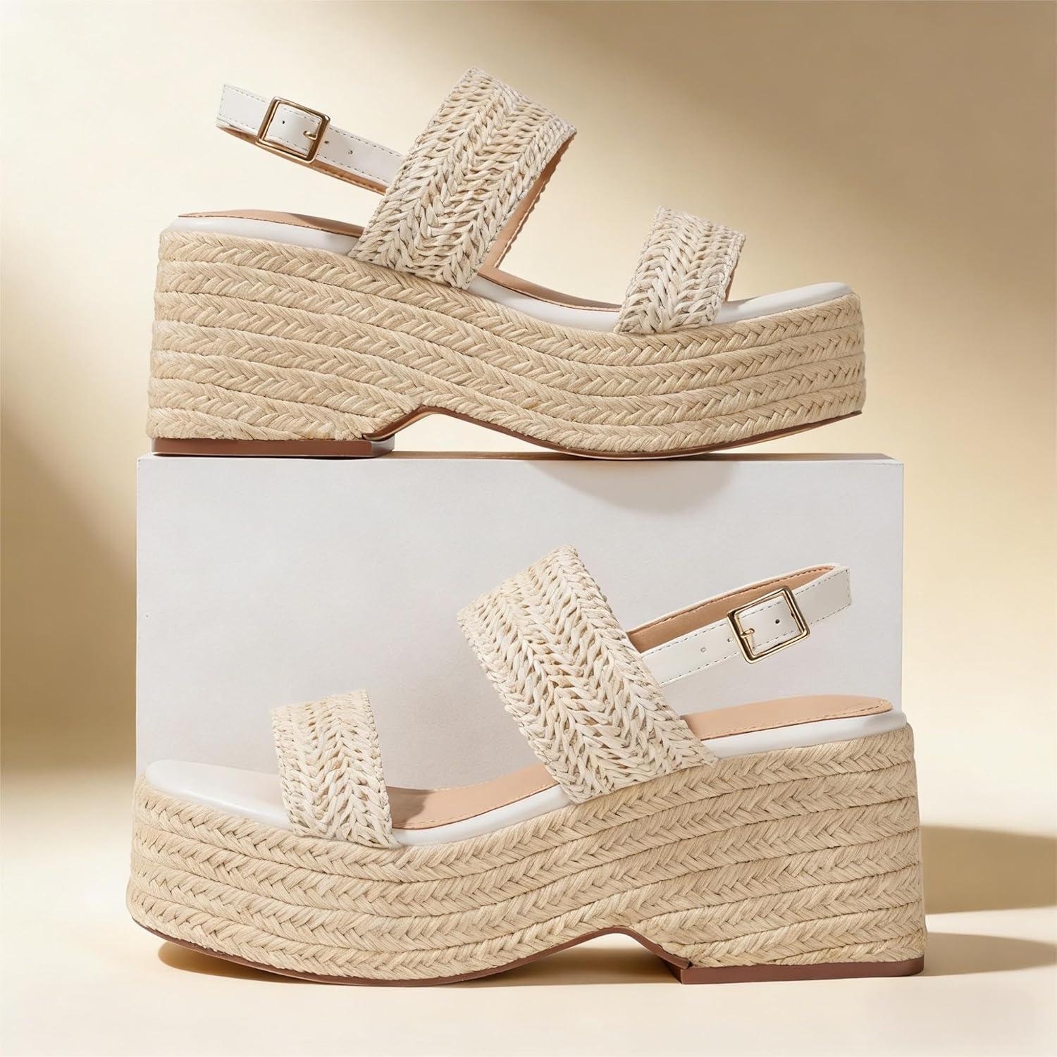 image:imagePlatform Sandals Women Open Toe Ankle Strap Summer Wedge Espadrille Sandals Cute Beach Straw Raffia Woven Sandals Comfortable Vacation Dress Shoes1 Beige