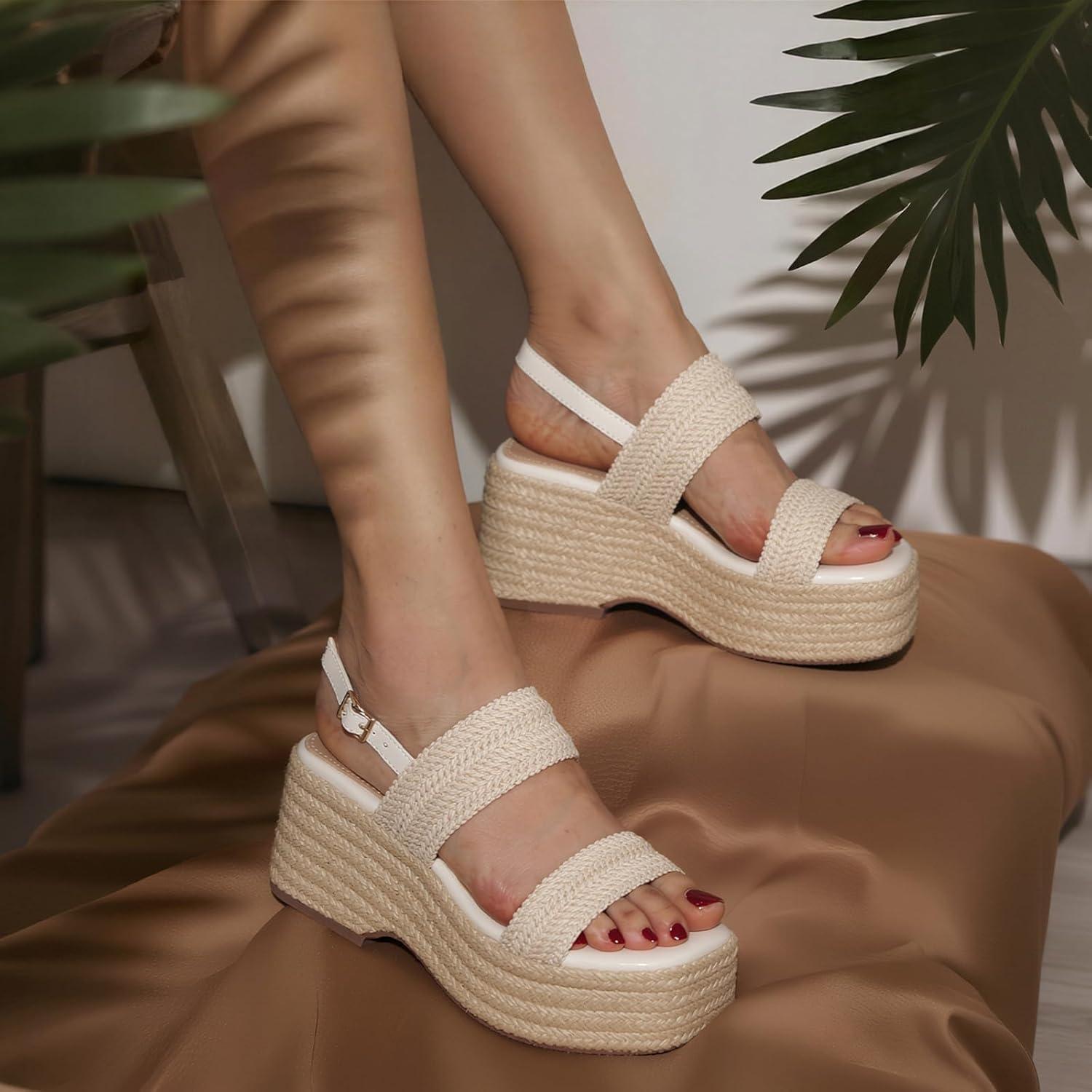 image:imagePlatform Sandals Women Open Toe Ankle Strap Summer Wedge Espadrille Sandals Cute Beach Straw Raffia Woven Sandals Comfortable Vacation Dress Shoes1 Beige