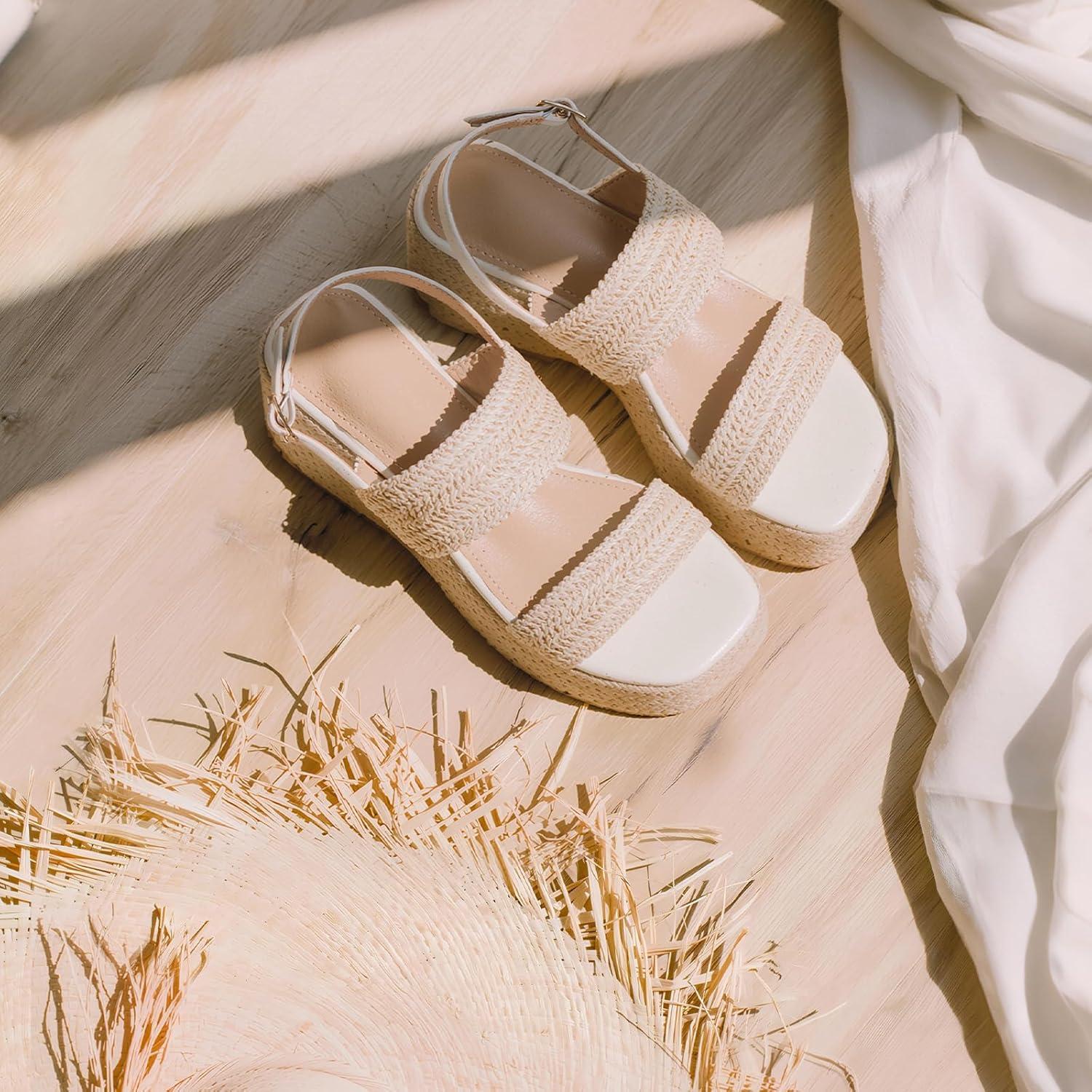 image:imagePlatform Sandals Women Open Toe Ankle Strap Summer Wedge Espadrille Sandals Cute Beach Straw Raffia Woven Sandals Comfortable Vacation Dress Shoes1 Beige
