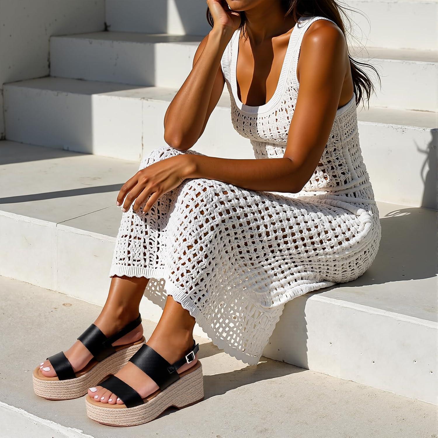 image:imagePlatform Sandals Women Open Toe Ankle Strap Summer Wedge Espadrille Sandals Cute Beach Straw Raffia Woven Sandals Comfortable Vacation Dress Shoes1 Black