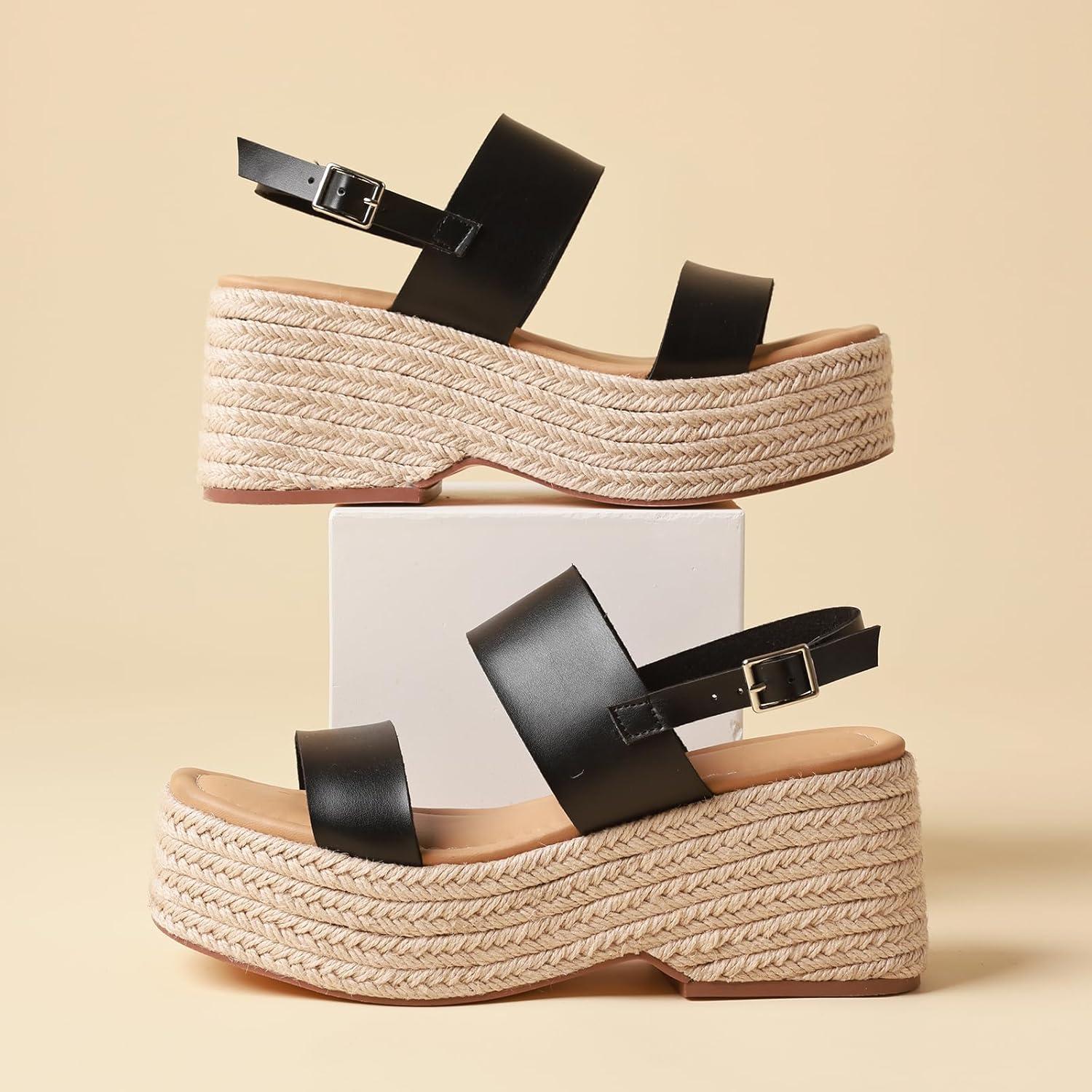 image:imagePlatform Sandals Women Open Toe Ankle Strap Summer Wedge Espadrille Sandals Cute Beach Straw Raffia Woven Sandals Comfortable Vacation Dress Shoes1 Black