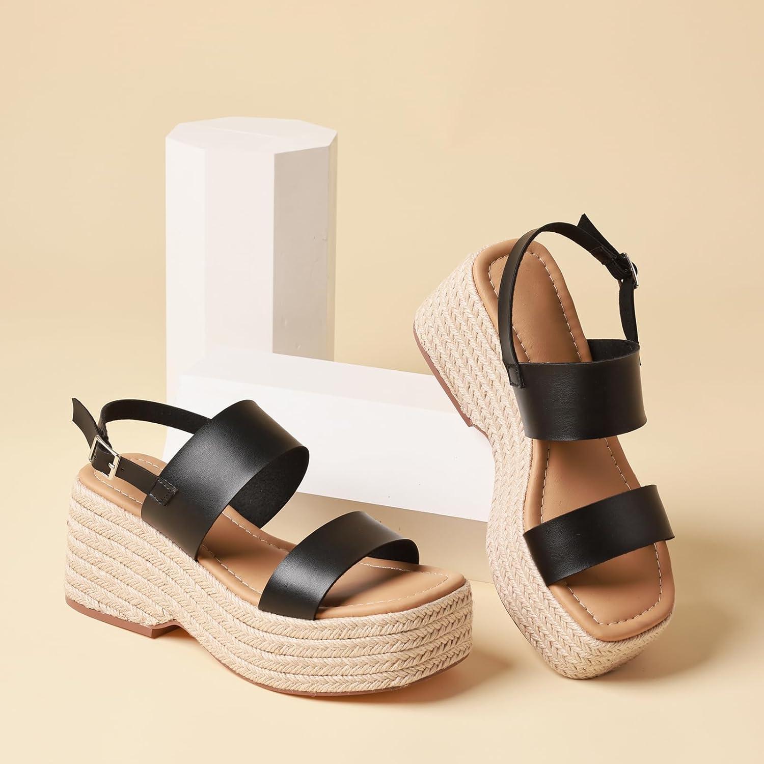 image:imagePlatform Sandals Women Open Toe Ankle Strap Summer Wedge Espadrille Sandals Cute Beach Straw Raffia Woven Sandals Comfortable Vacation Dress Shoes1 Black