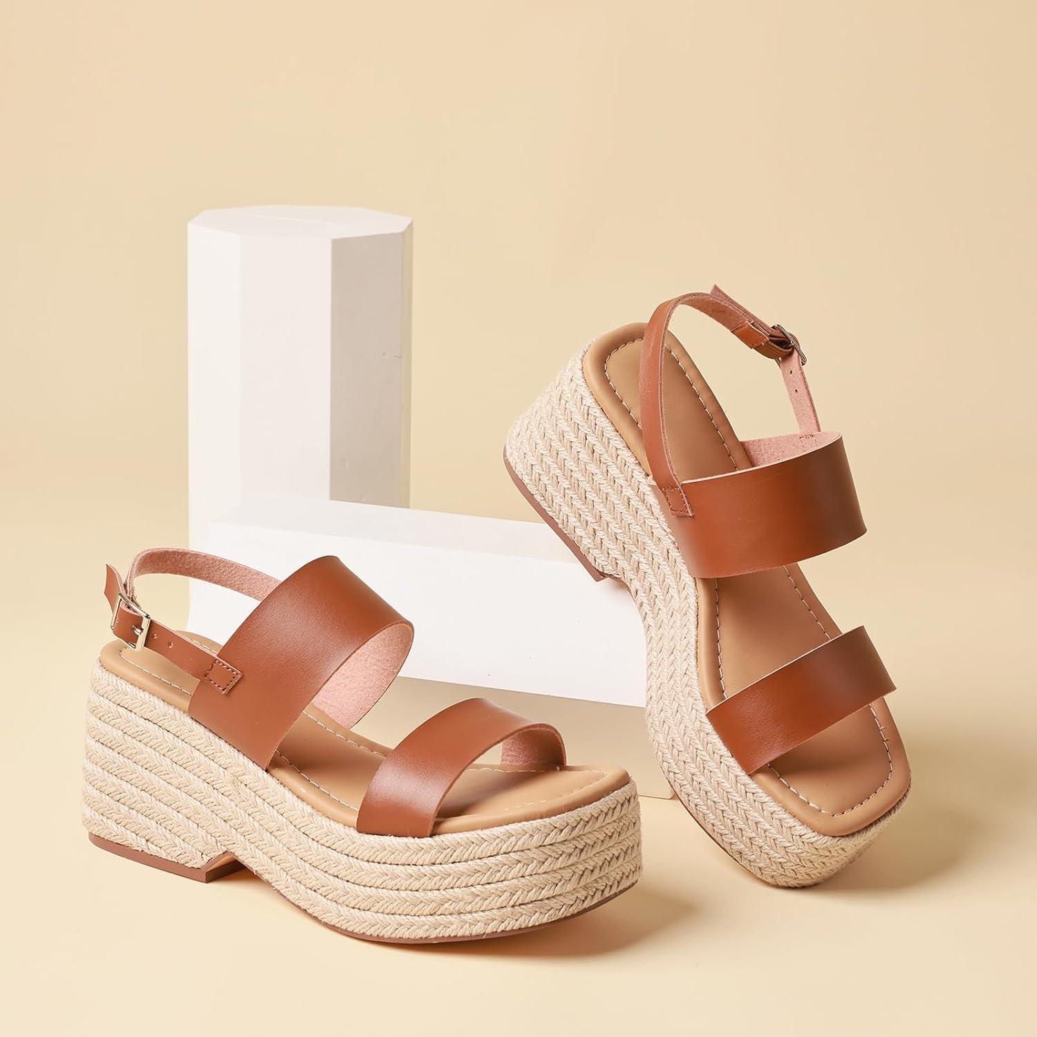 image:imagePlatform Sandals Women Open Toe Ankle Strap Summer Wedge Espadrille Sandals Cute Beach Straw Raffia Woven Sandals Comfortable Vacation Dress Shoes1 Brown