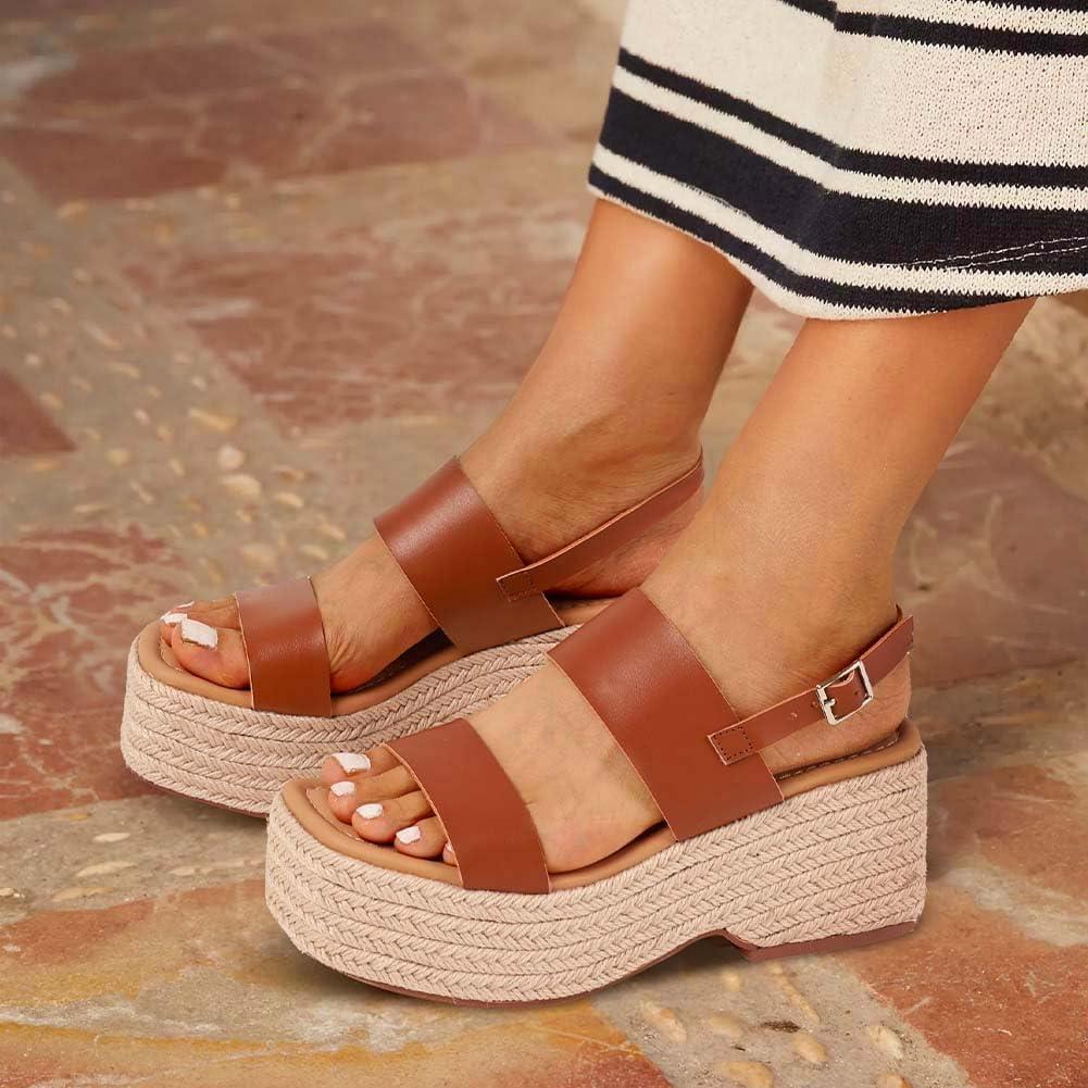 image:imagePlatform Sandals Women Open Toe Ankle Strap Summer Wedge Espadrille Sandals Cute Beach Straw Raffia Woven Sandals Comfortable Vacation Dress Shoes1 Brown