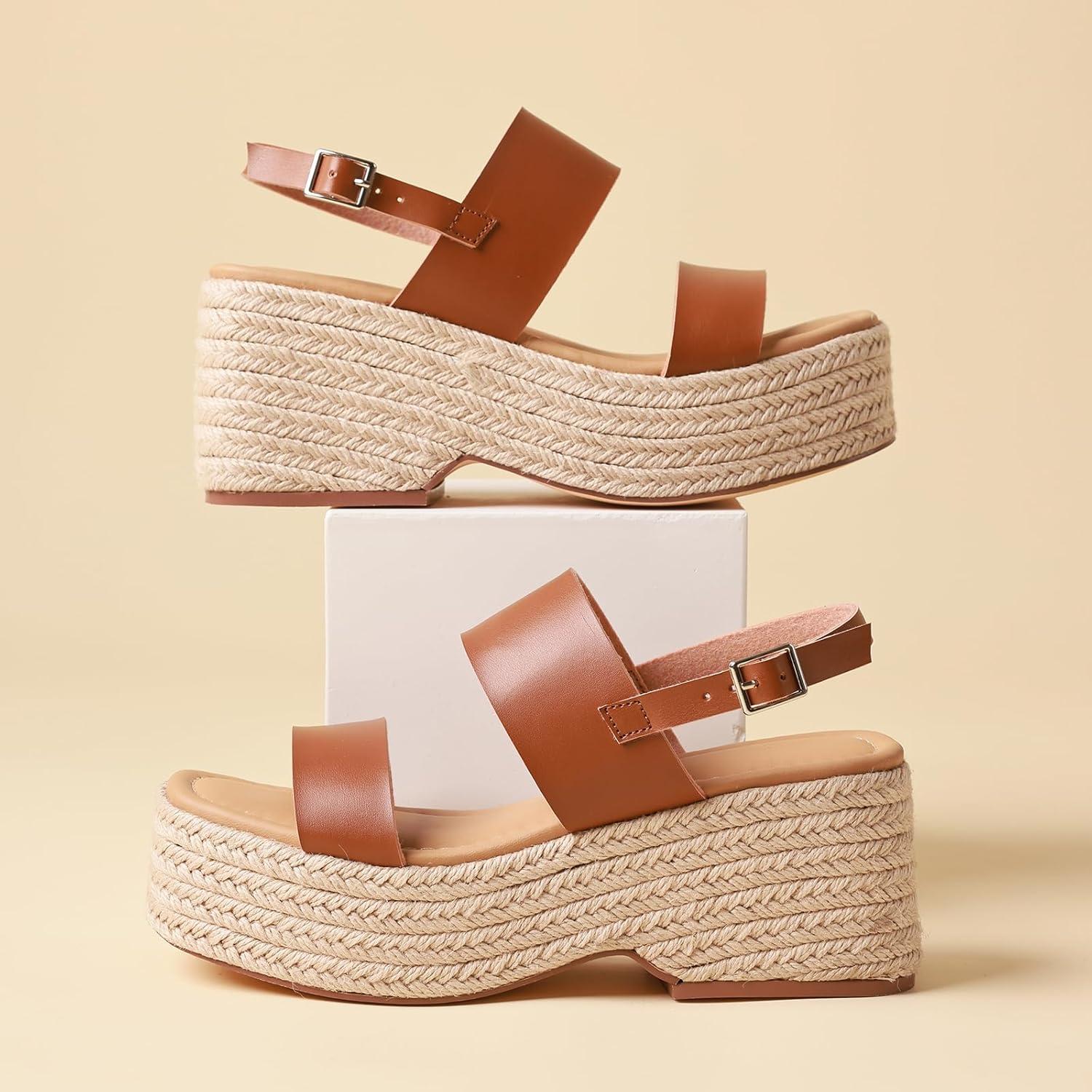 image:imagePlatform Sandals Women Open Toe Ankle Strap Summer Wedge Espadrille Sandals Cute Beach Straw Raffia Woven Sandals Comfortable Vacation Dress Shoes1 Brown