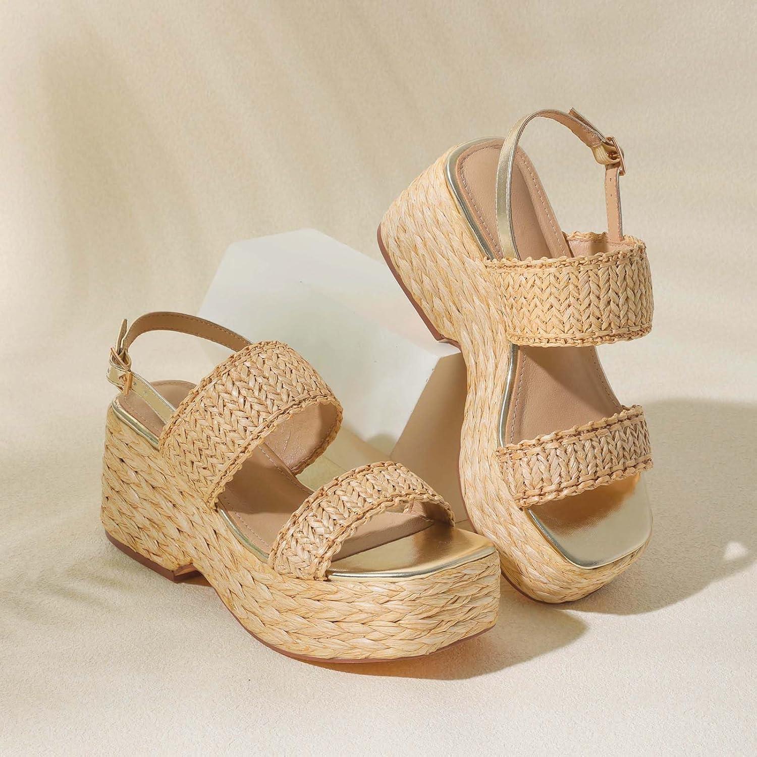 image:imagePlatform Sandals Women Open Toe Ankle Strap Summer Wedge Espadrille Sandals Cute Beach Straw Raffia Woven Sandals Comfortable Vacation Dress Shoes1 Natural Raffia