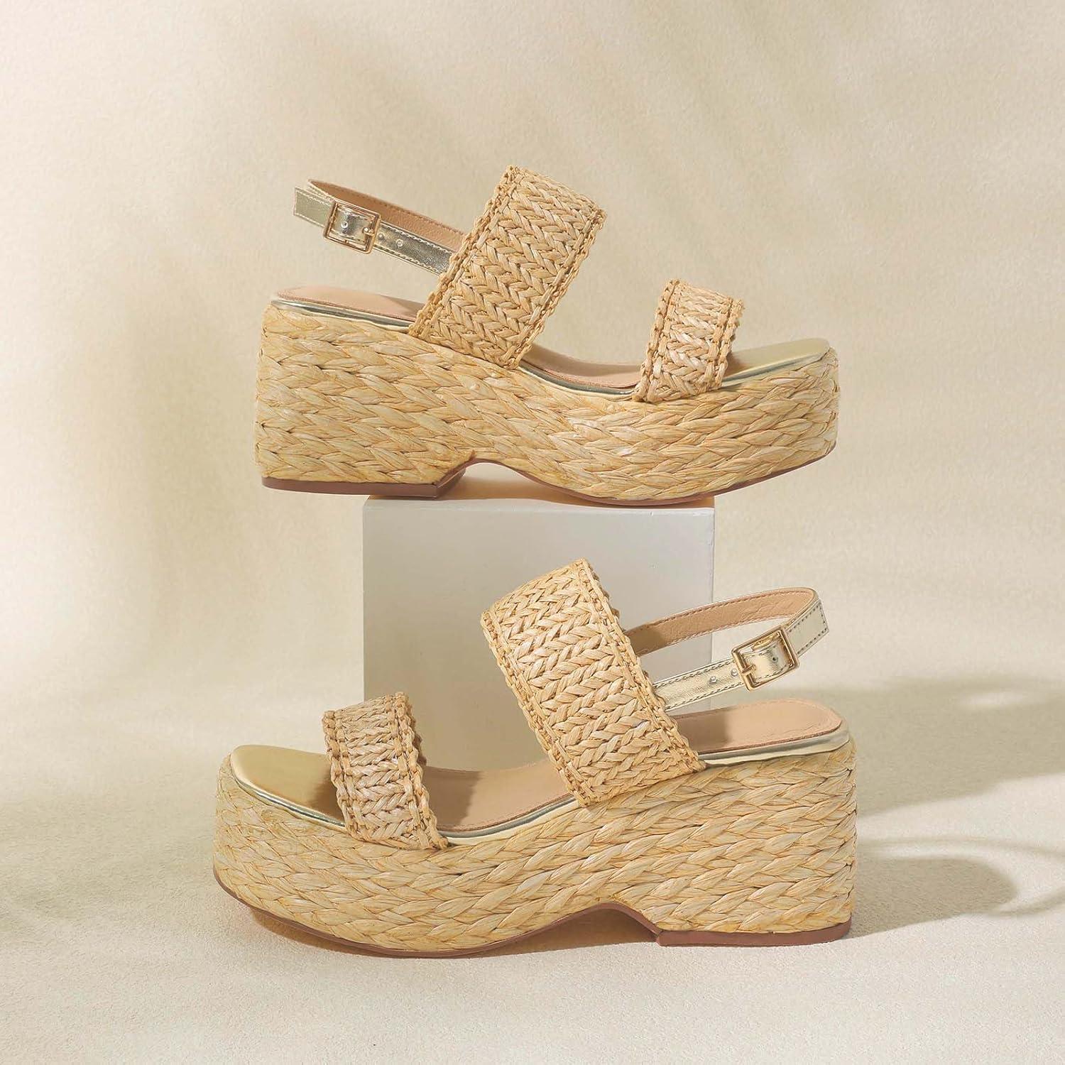 image:imagePlatform Sandals Women Open Toe Ankle Strap Summer Wedge Espadrille Sandals Cute Beach Straw Raffia Woven Sandals Comfortable Vacation Dress Shoes1 Natural Raffia