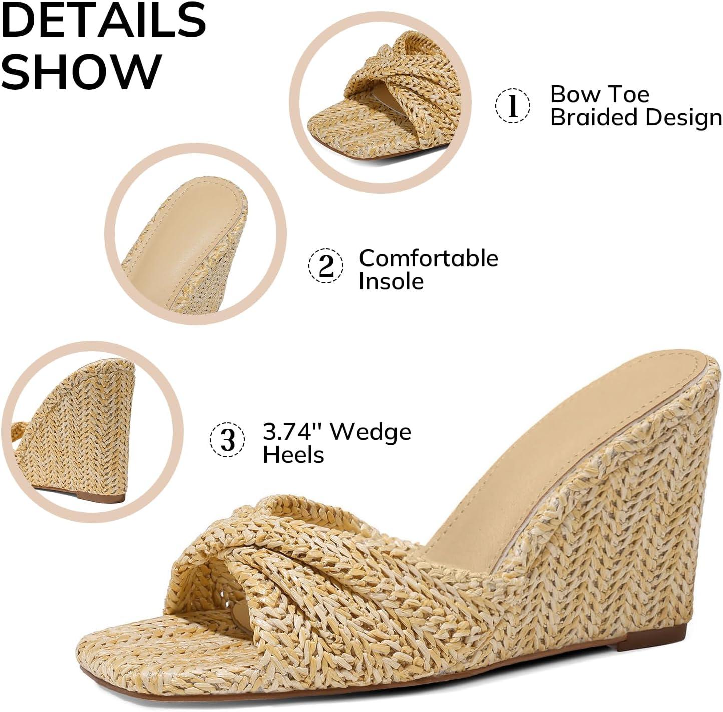 image:imageWedge Sandals for Women Summer Raffia Braided Mules Slides Slip On Square Open Toe Dressy Beach EveningApricot