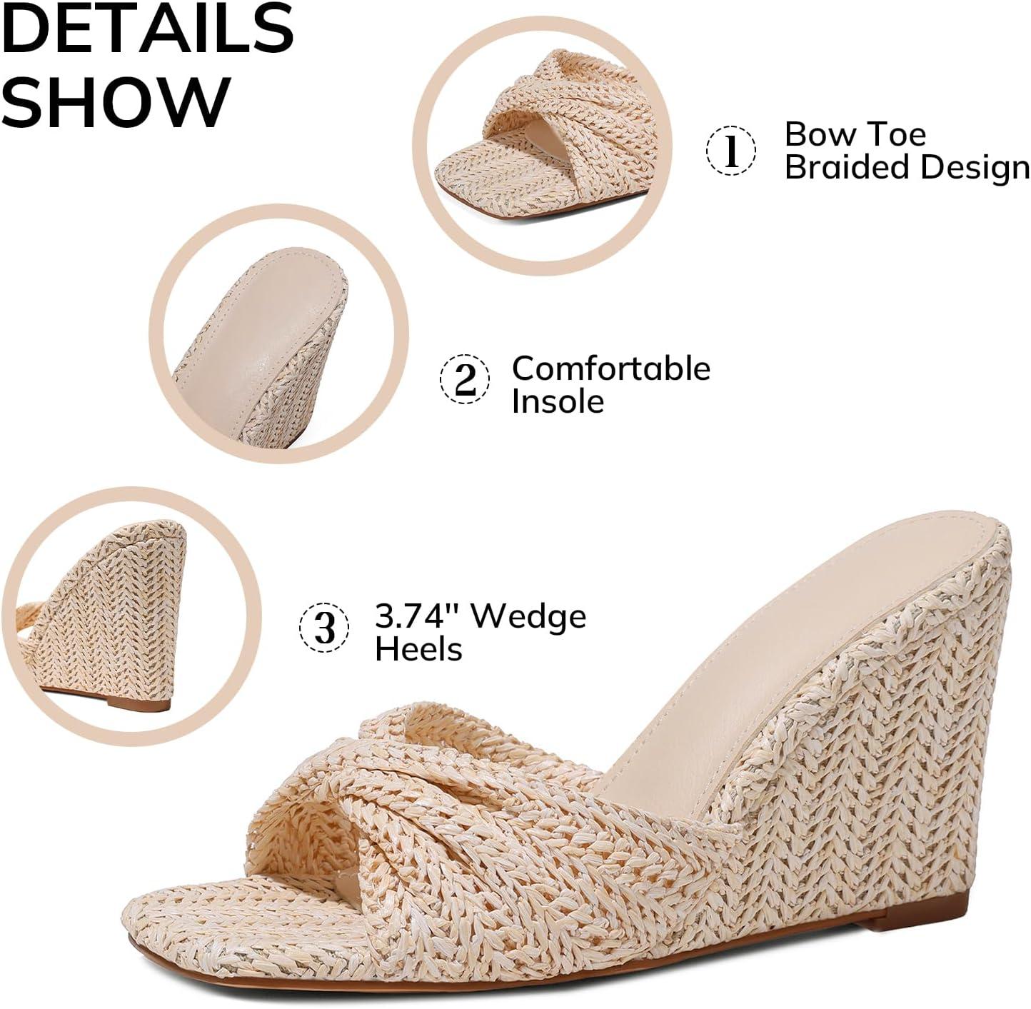 image:imageWedge Sandals for Women Summer Raffia Braided Mules Slides Slip On Square Open Toe Dressy Beach EveningBeige