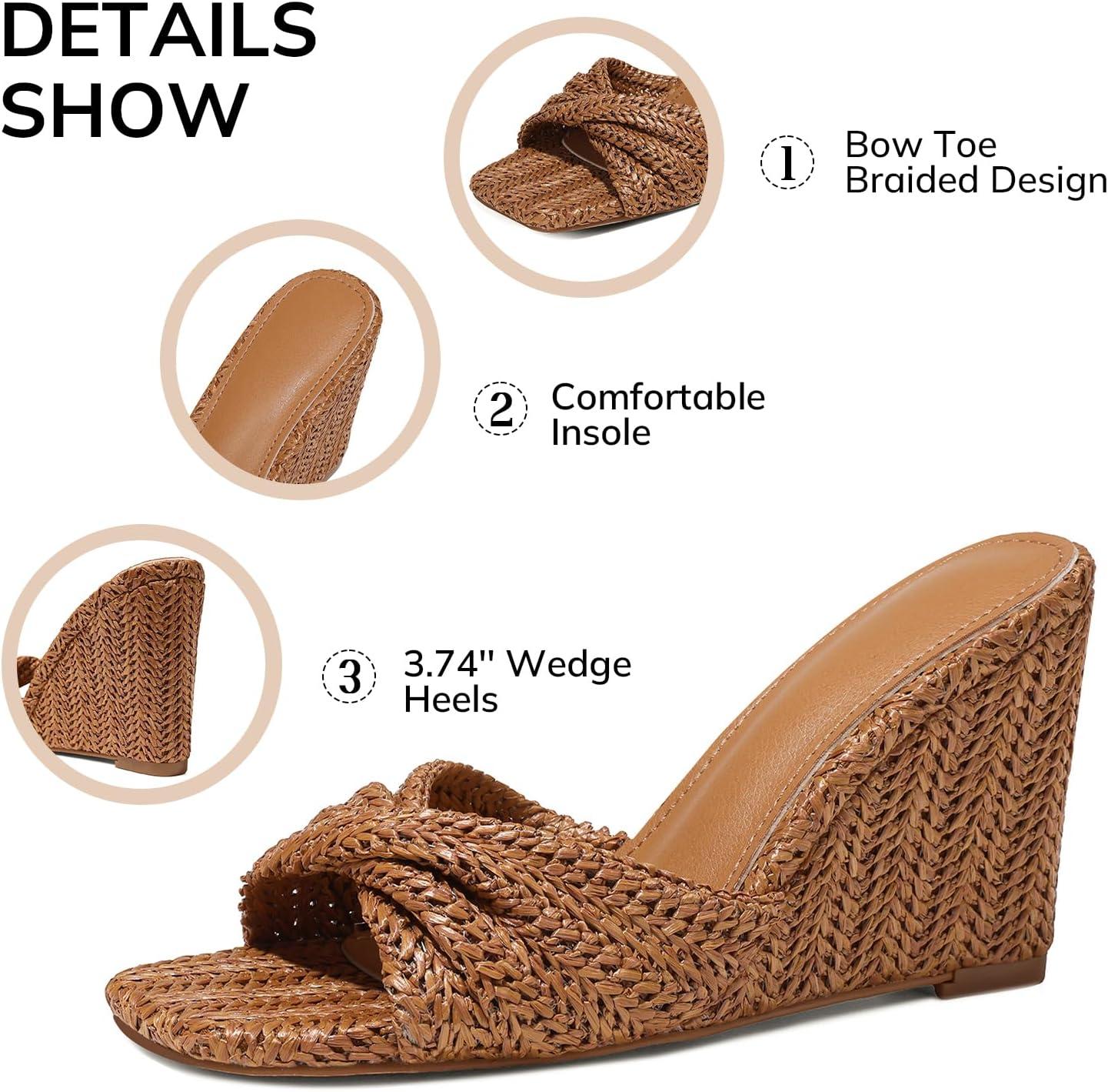 image:imageWedge Sandals for Women Summer Raffia Braided Mules Slides Slip On Square Open Toe Dressy Beach EveningBrown
