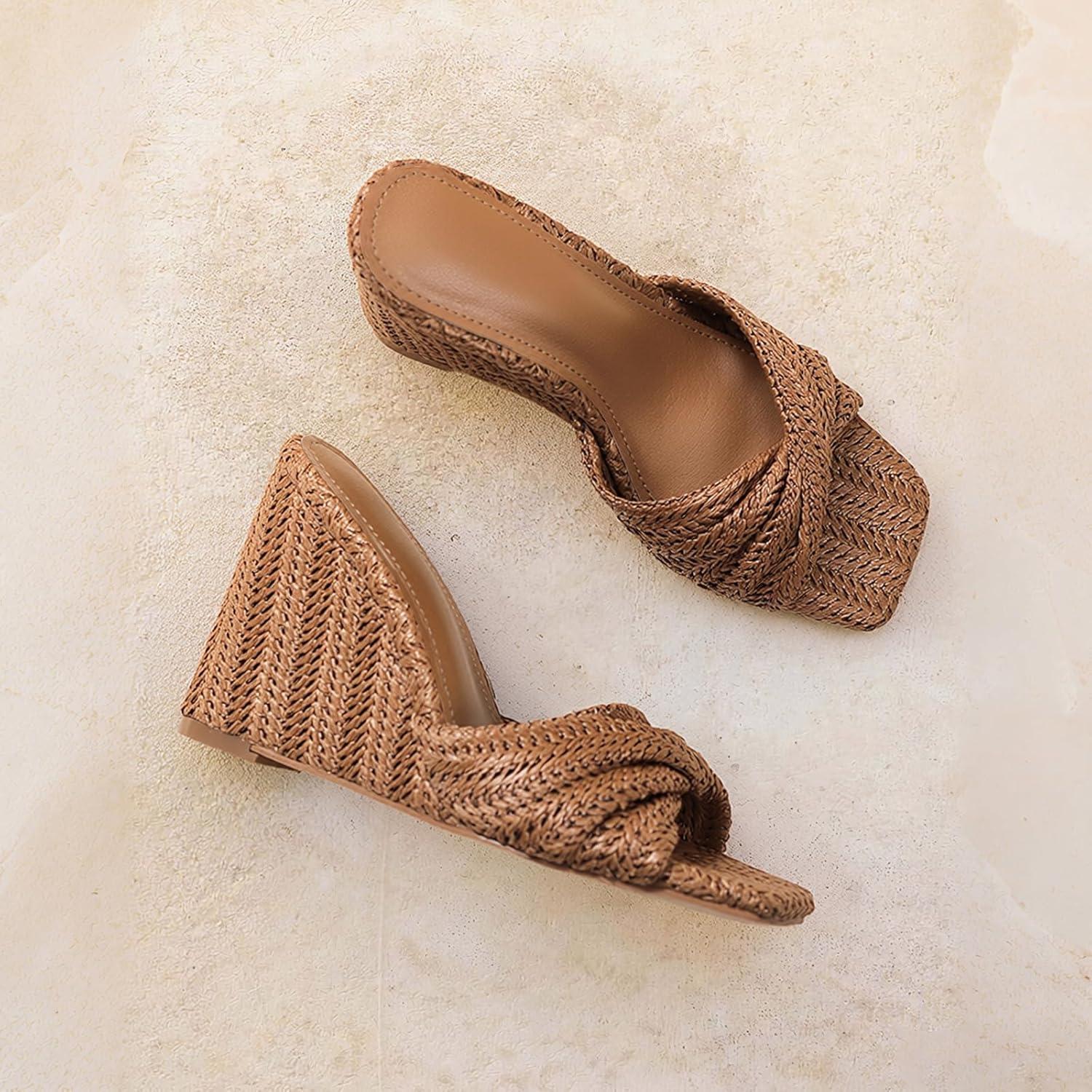 image:imageWedge Sandals for Women Summer Raffia Braided Mules Slides Slip On Square Open Toe Dressy Beach EveningBrown
