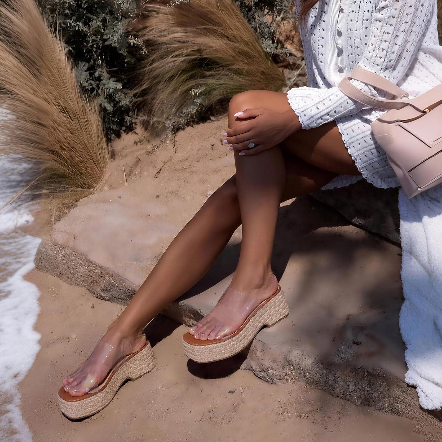 image:imageWomens Espadrilles Wedges Sandal Slides Summer Slip on Platform Wedge Raffia Square Toe Cute Two Straw Strap Comfortable Casual Wedding Shoes1 Clear