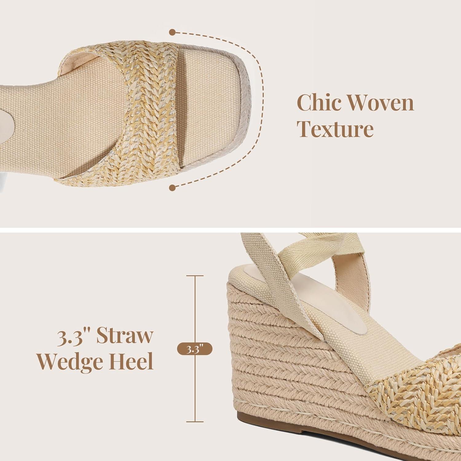 image:imageWomens Espadrilles Wedges Sandals Summer Lace Up Platform Raffia Heels Beach Sandles Ankle Strap Open Toe Dress Rome WeddingApricotraffia