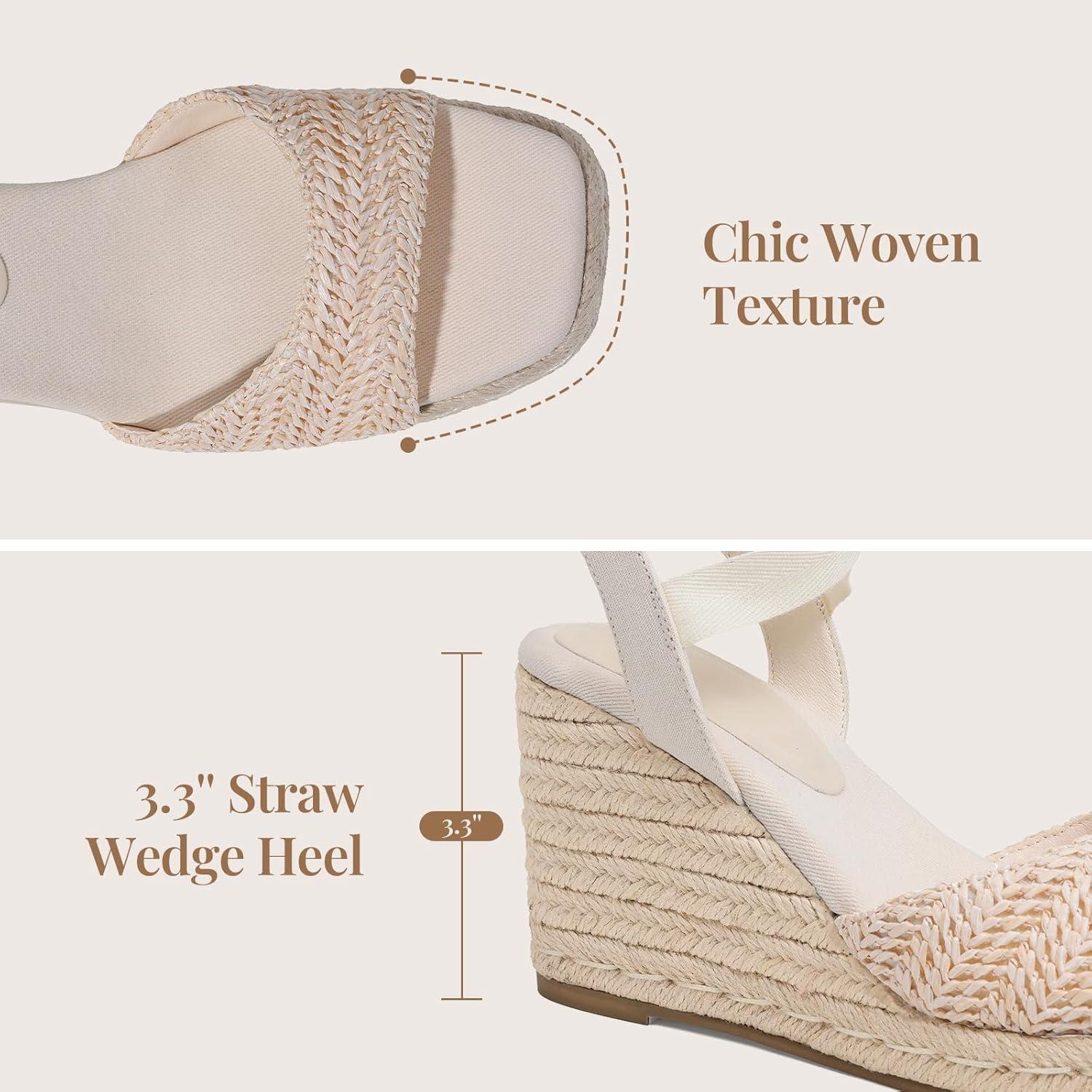 image:imageWomens Espadrilles Wedges Sandals Summer Lace Up Platform Raffia Heels Beach Sandles Ankle Strap Open Toe Dress Rome WeddingBeigeraffia
