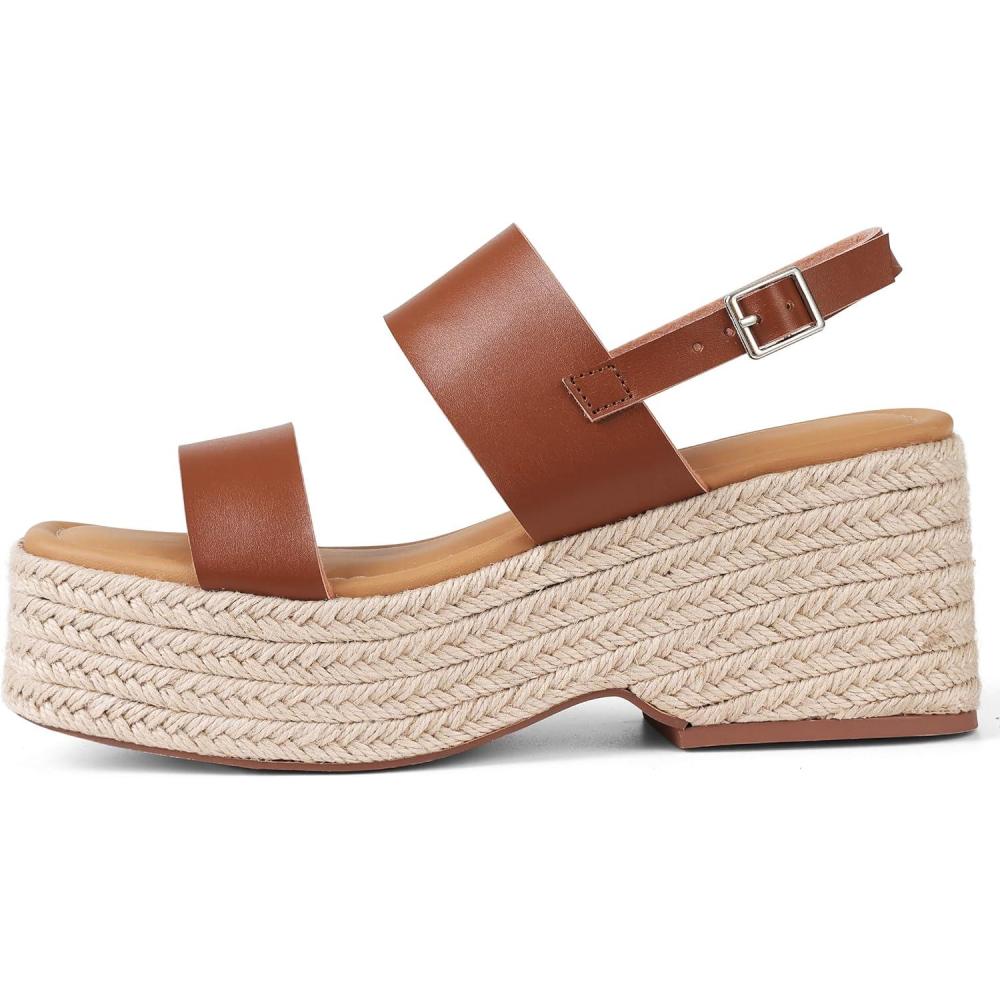 image:imagePlatform Sandals Women Open Toe Ankle Strap Summer Wedge Espadrille Sandals Cute Beach Straw Raffia Woven Sandals Comfortable Vacation Dress Shoes1 Brown