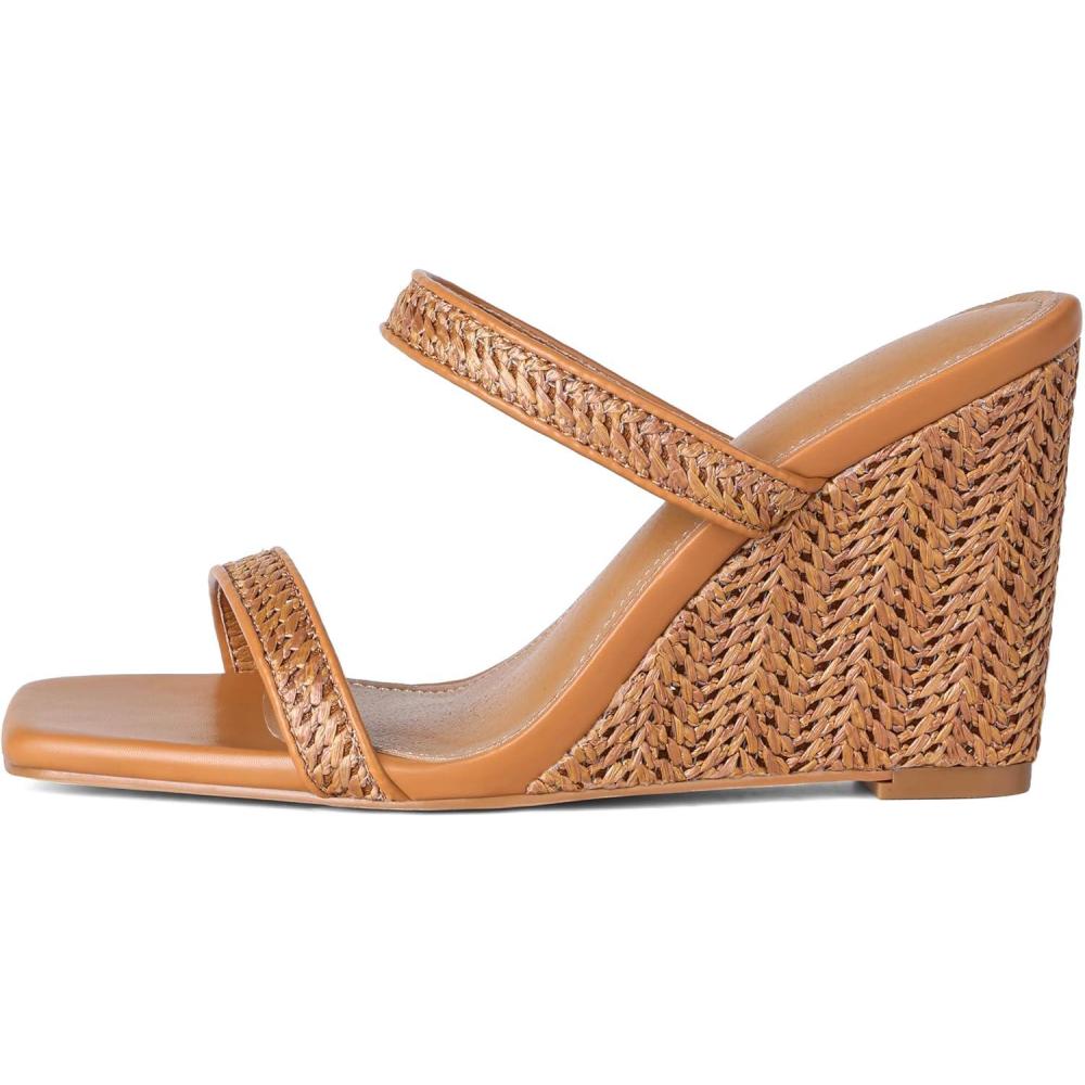 image:imageWedge Sandals for Women Beach Shoes Espadrilles  Square Toe Chunky Heel SlipOn Slides Summer Wedding Dress1 Raffia