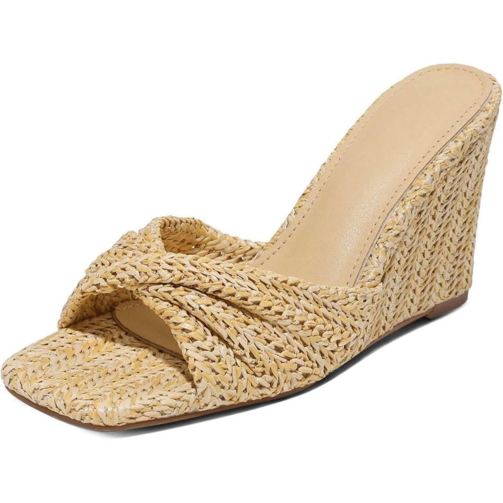 image:imageWedge Sandals for Women Summer Raffia Braided Mules Slides  Slip On Square Open Toe Dressy Beach EveningApricot