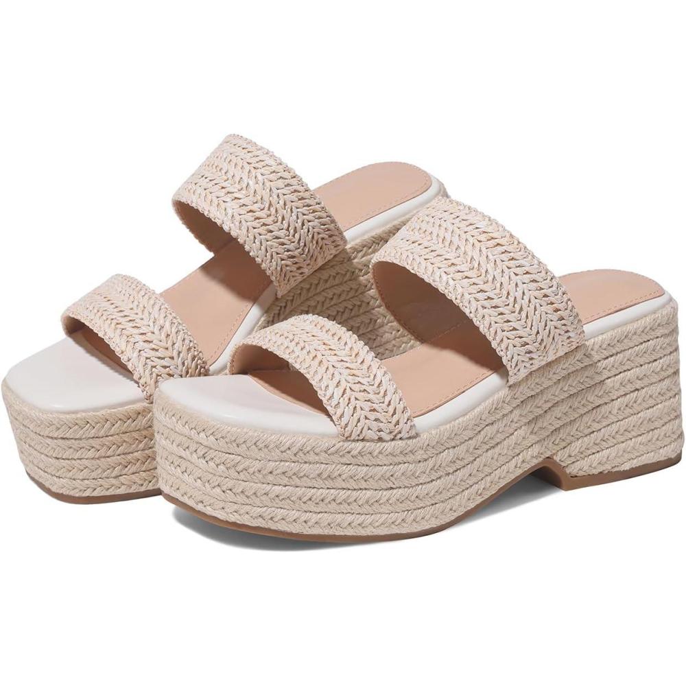 image:imageWomens Espadrilles Wedges Sandal Slides Summer Slip on Platform Wedge Raffia Square Toe Cute Two Straw Strap Comfortable Casual Wedding Shoes1 Beige