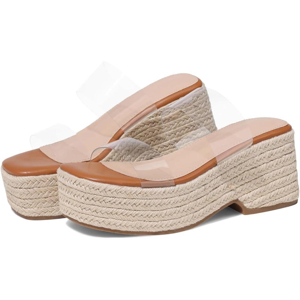 image:imageWomens Espadrilles Wedges Sandal Slides Summer Slip on Platform Wedge Raffia Square Toe Cute Two Straw Strap Comfortable Casual Wedding Shoes1 Clear