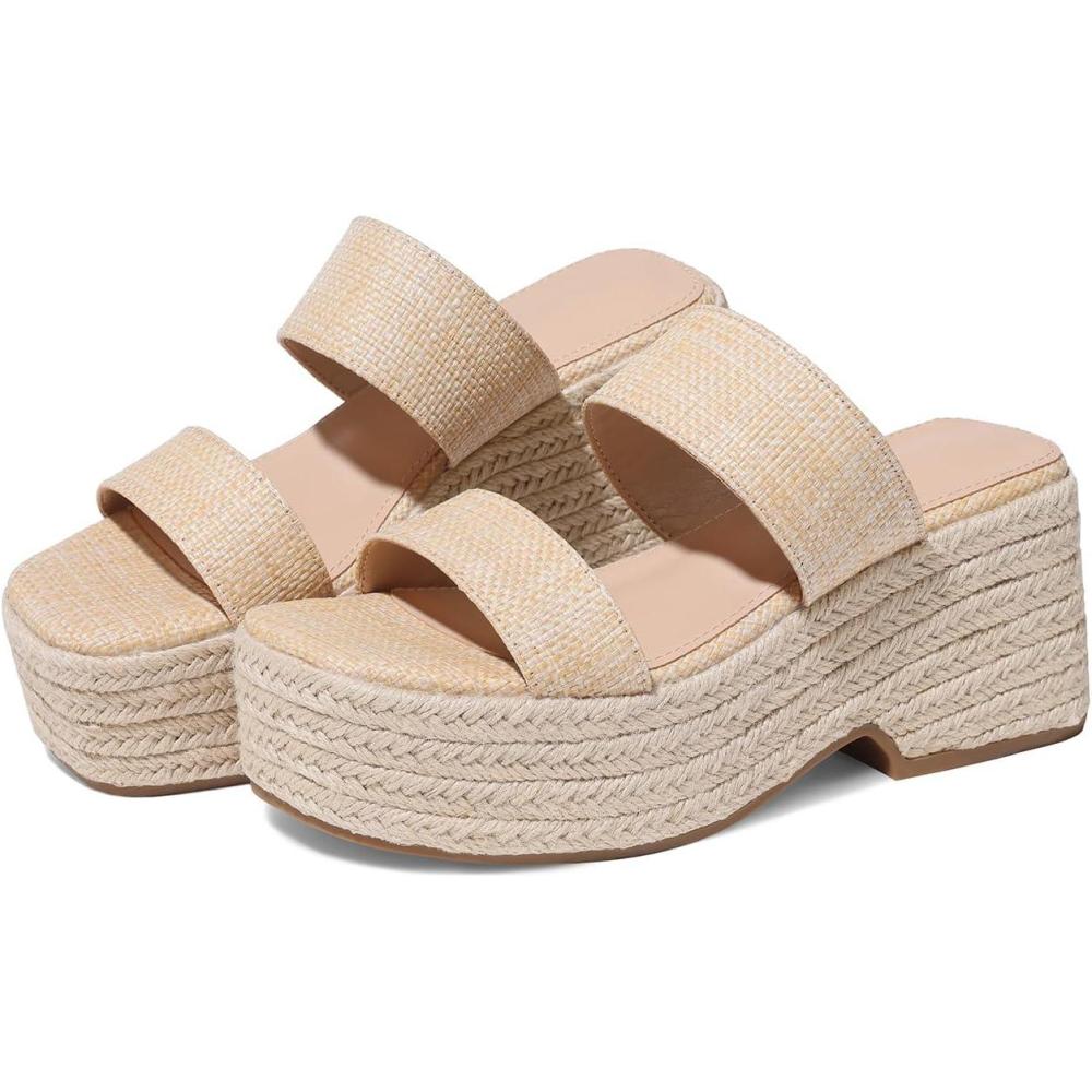 image:imageWomens Espadrilles Wedges Sandal Slides Summer Slip on Platform Wedge Raffia Square Toe Cute Two Straw Strap Comfortable Casual Wedding Shoes2 Naturalraffia