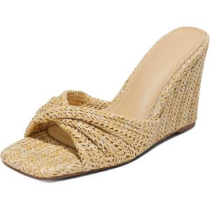 Wedge Sandals for Women Summer Raffia Braided Mules Slides – Slip On, Square Open Toe, Dressy, Beach, Evening(Apricot)
