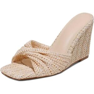 Wedge Sandals for Women Summer Raffia Braided Mules Slides – Slip On, Square Open Toe, Dressy, Beach, Evening(Beige)