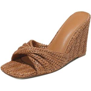 Wedge Sandals for Women Summer Raffia Braided Mules Slides – Slip On, Square Open Toe, Dressy, Beach, Evening(Brown)