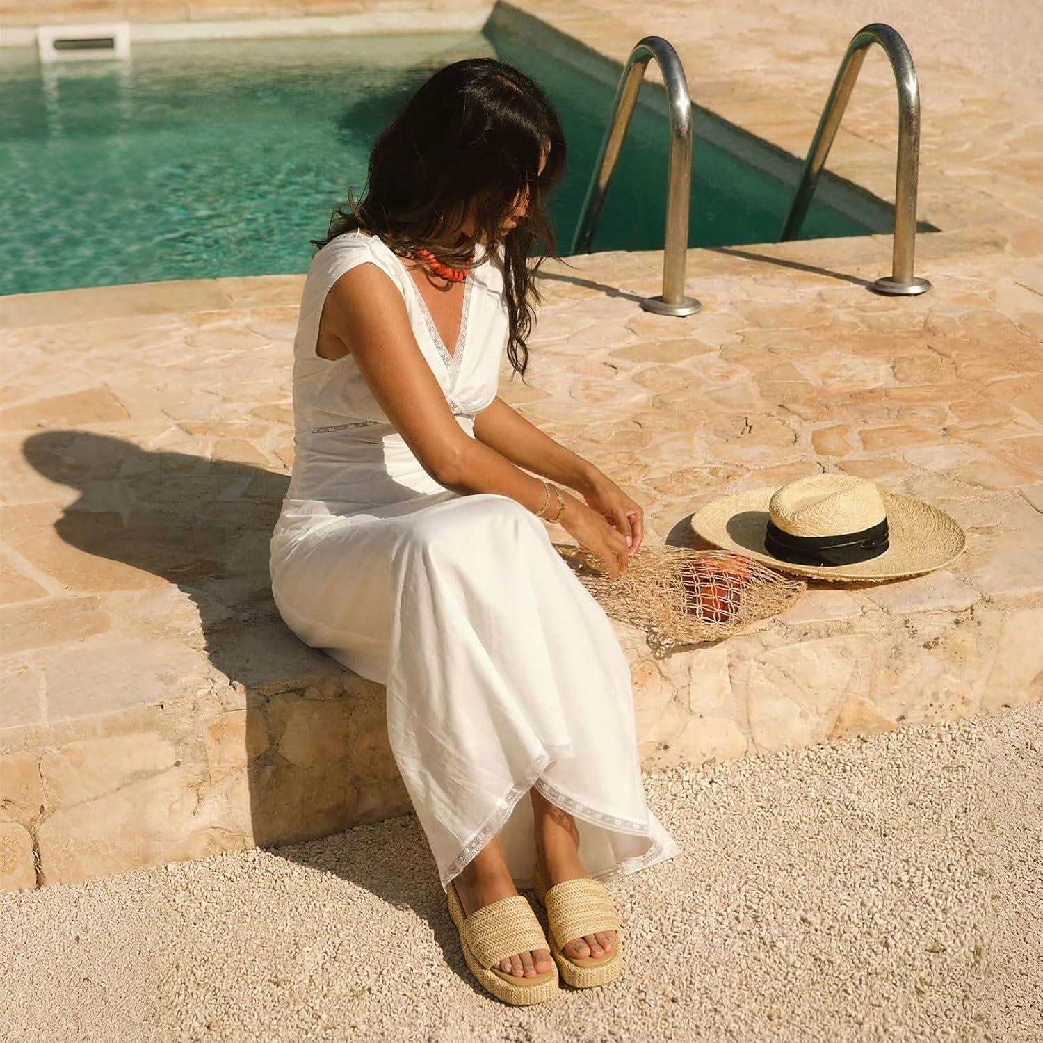image:imagePlatform Sandals Women Cute Summer Wedge Espadrilles Beach Raffia Slides Sandal Comfortable Straw Woven Vacation Shoes Dressy1 Apricot