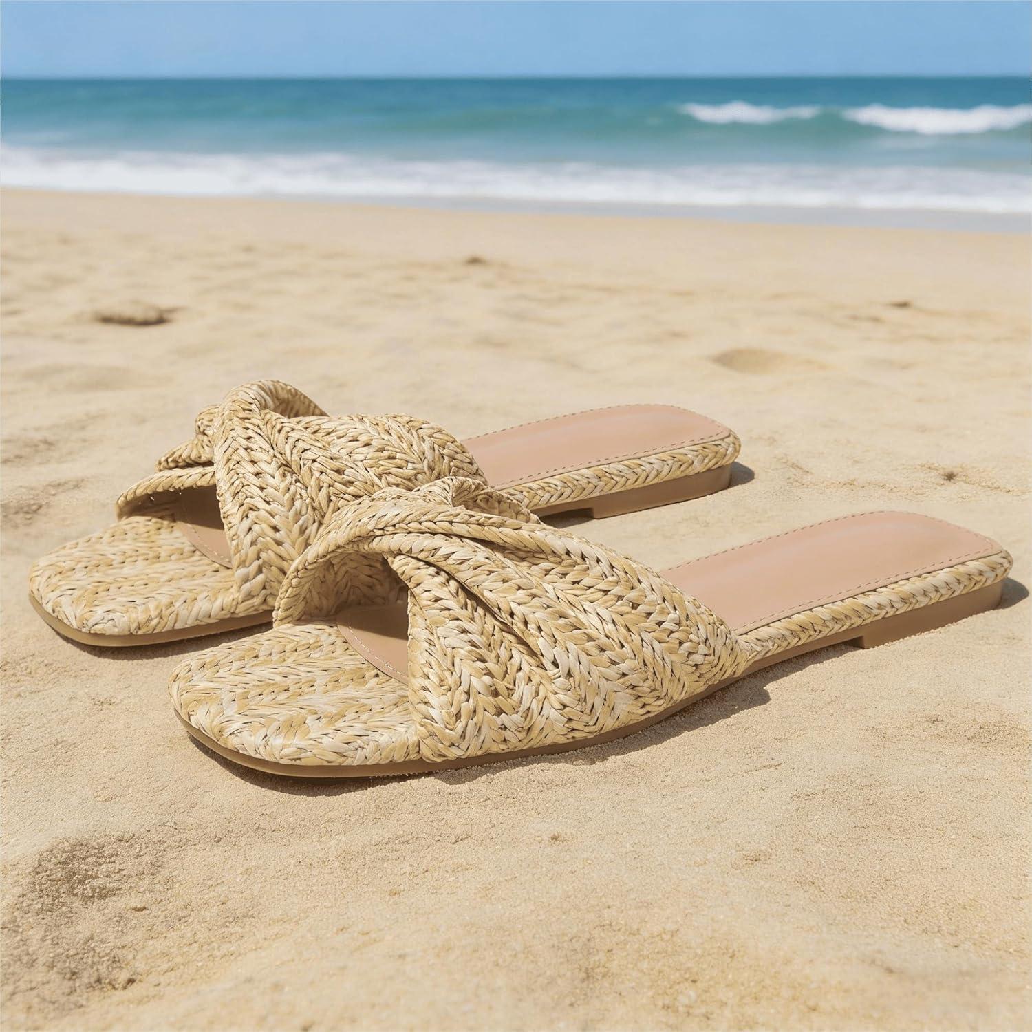 image:imageRaffia Flat Sandals for Women Straw Woven Braided Twist Slip On Slides Summer Open Toe Beach Comfort DressyApricot