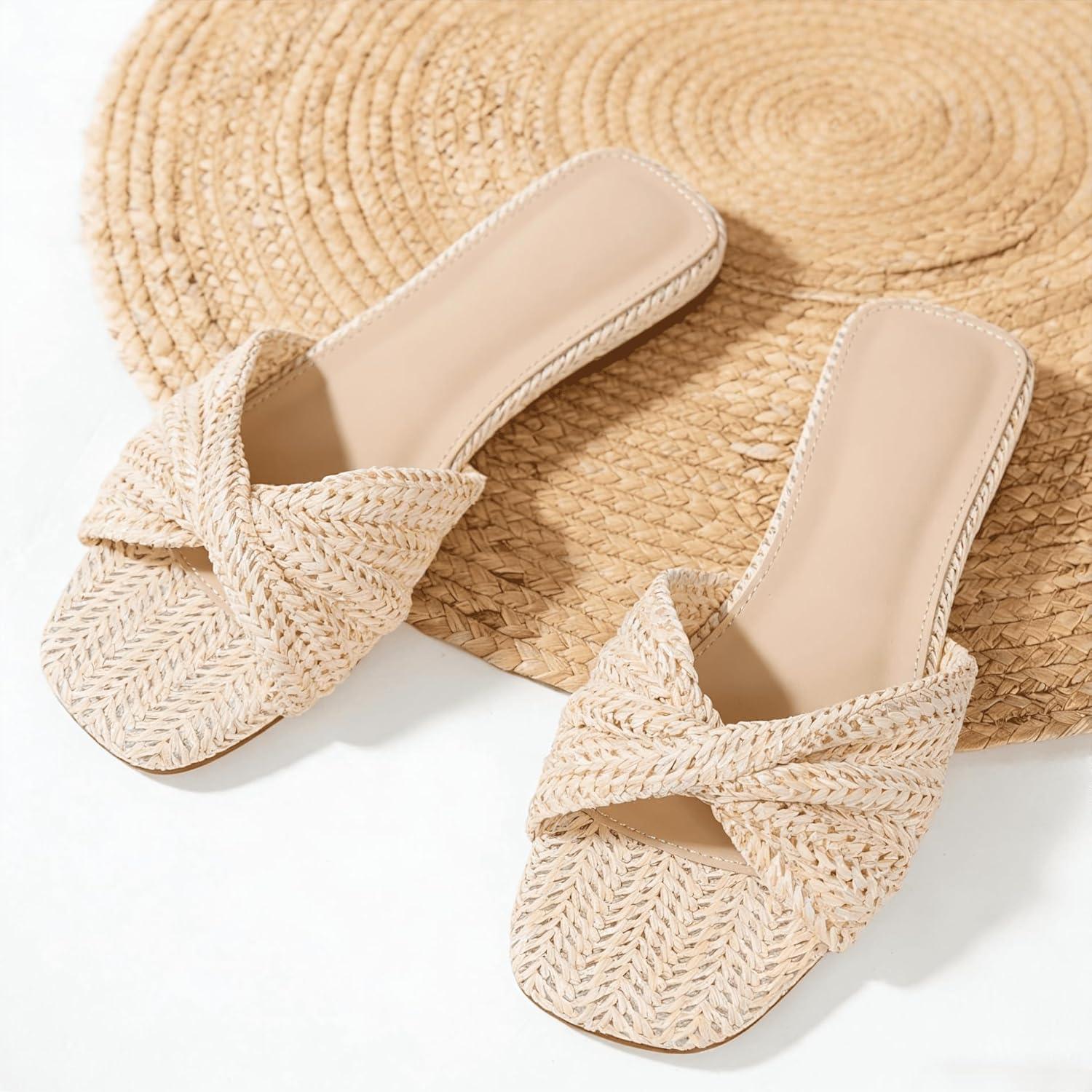 image:imageRaffia Flat Sandals for Women Straw Woven Braided Twist Slip On Slides Summer Open Toe Beach Comfort DressyBeige