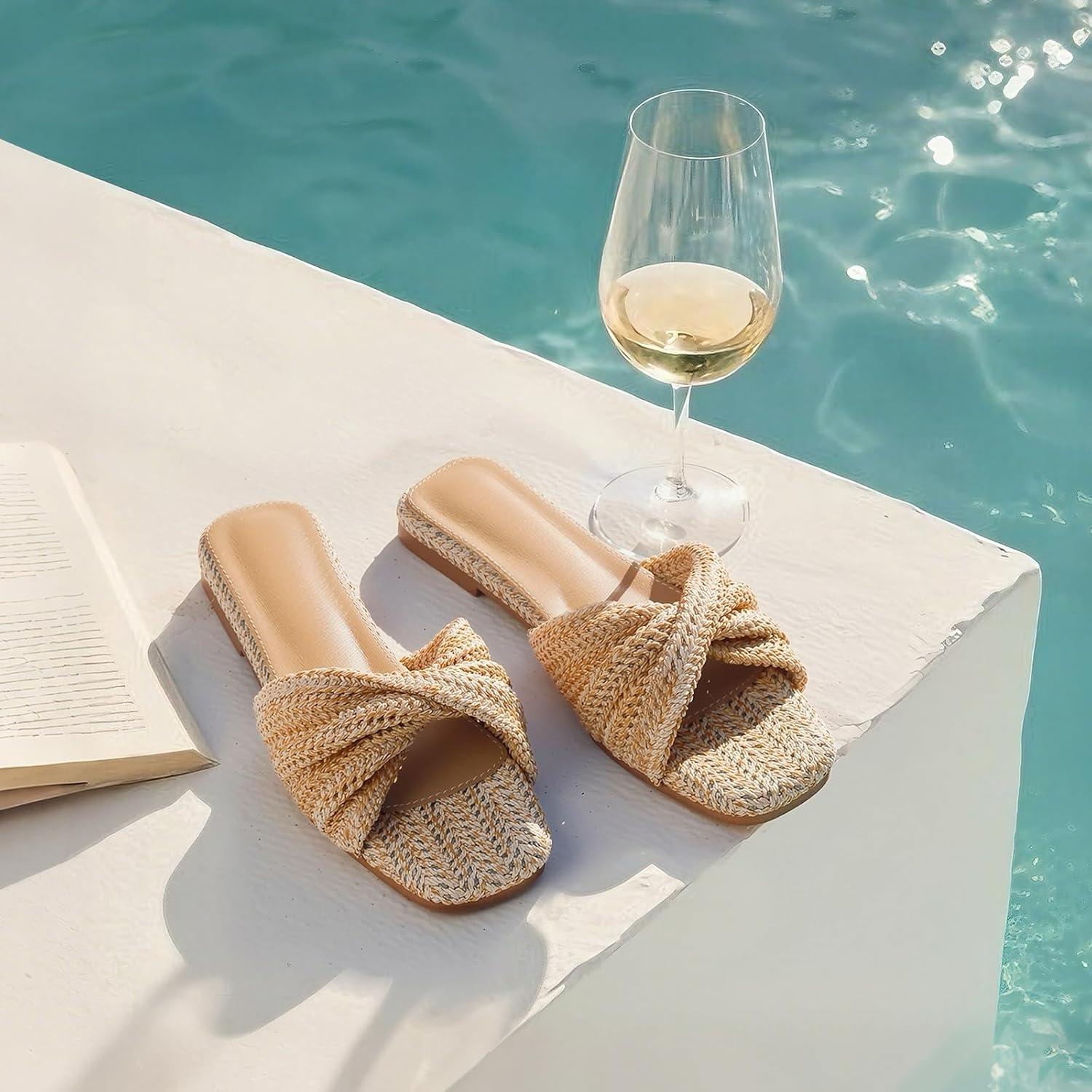 image:imageRaffia Flat Sandals for Women Straw Woven Braided Twist Slip On Slides Summer Open Toe Beach Comfort DressyNatural