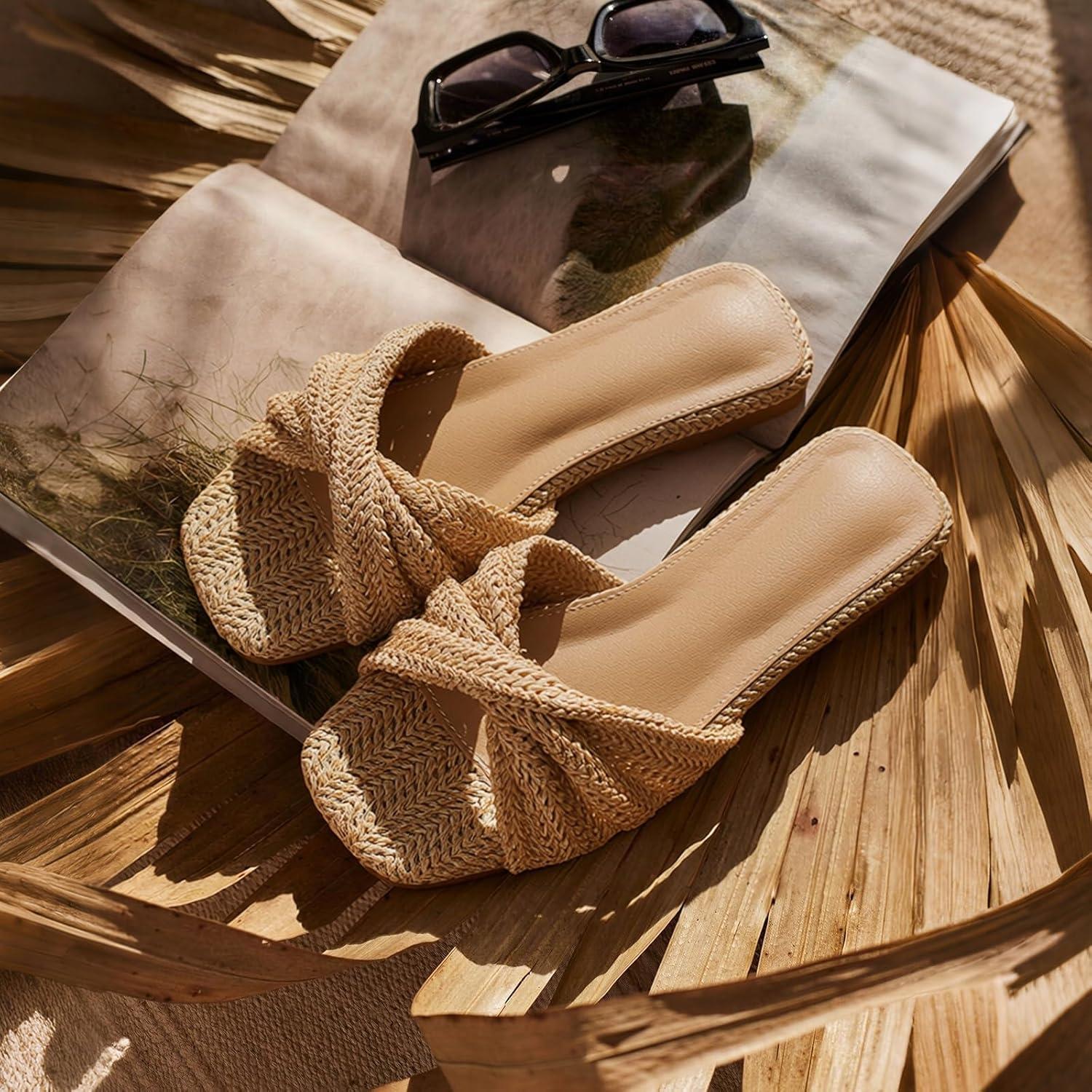 image:imageRaffia Flat Sandals for Women Straw Woven Braided Twist Slip On Slides Summer Open Toe Beach Comfort DressyNatural