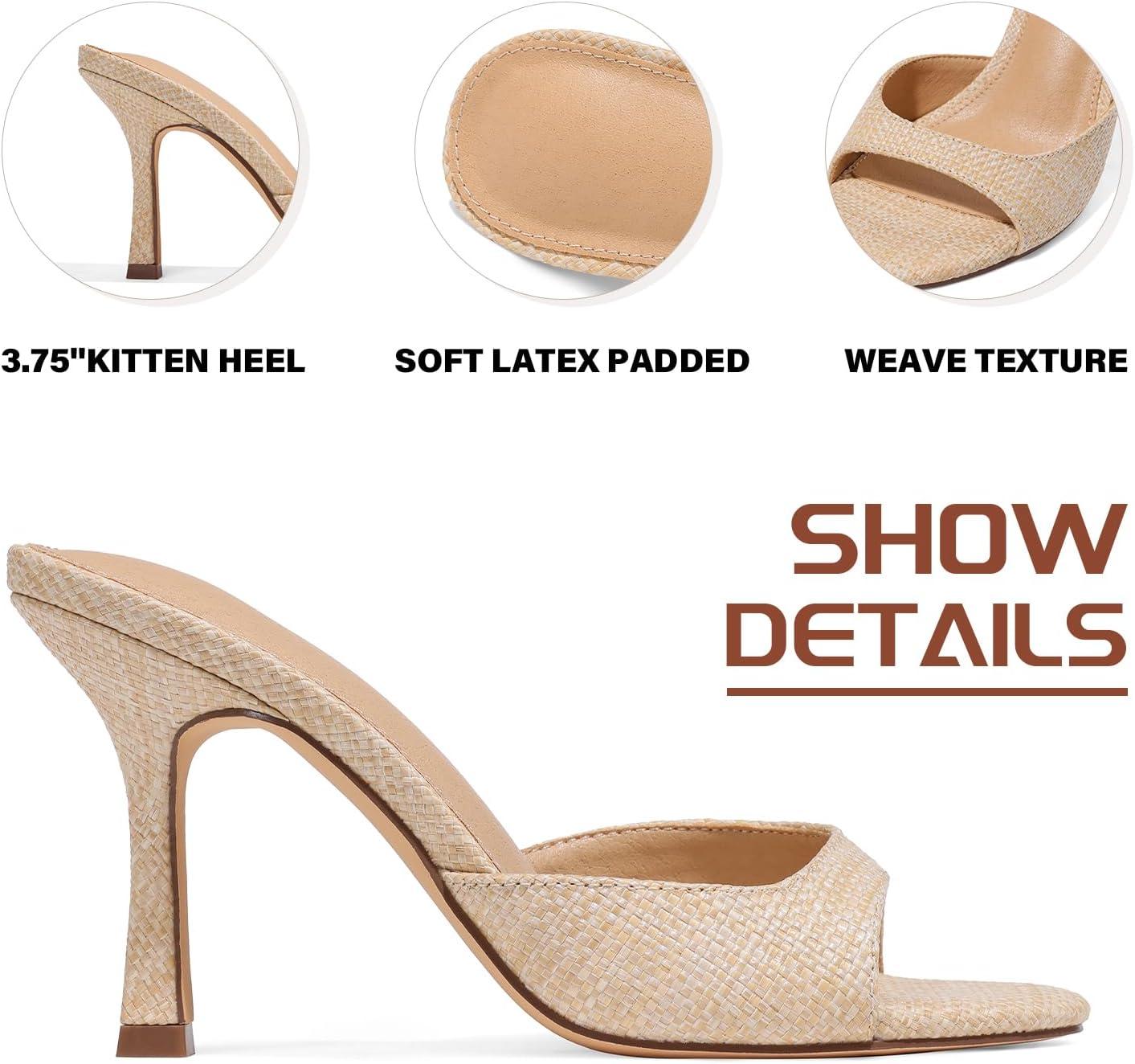 image:imageRaffia Woven Heels Sandals for Women Slip On Kitten Heels Mule Slides Open toe Espadrille Summer Dress CasualApricot