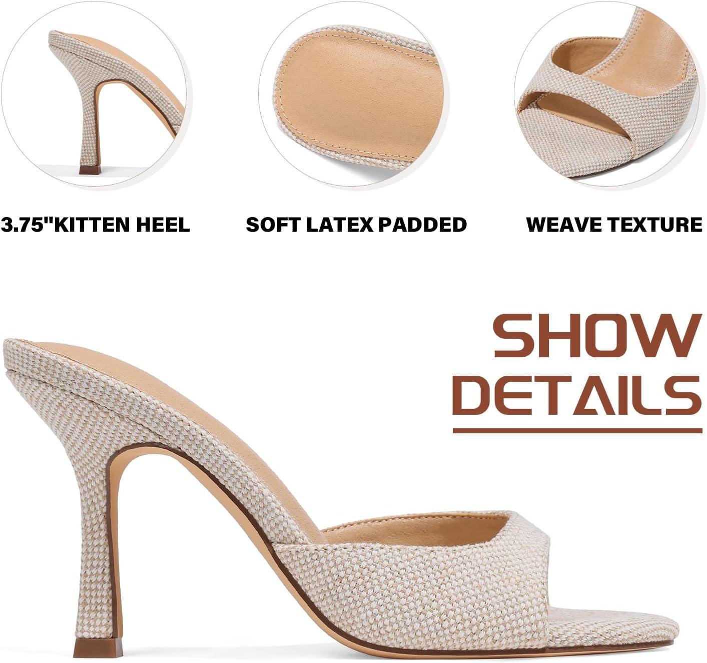 image:imageRaffia Woven Heels Sandals for Women Slip On Kitten Heels Mule Slides Open toe Espadrille Summer Dress CasualBeige