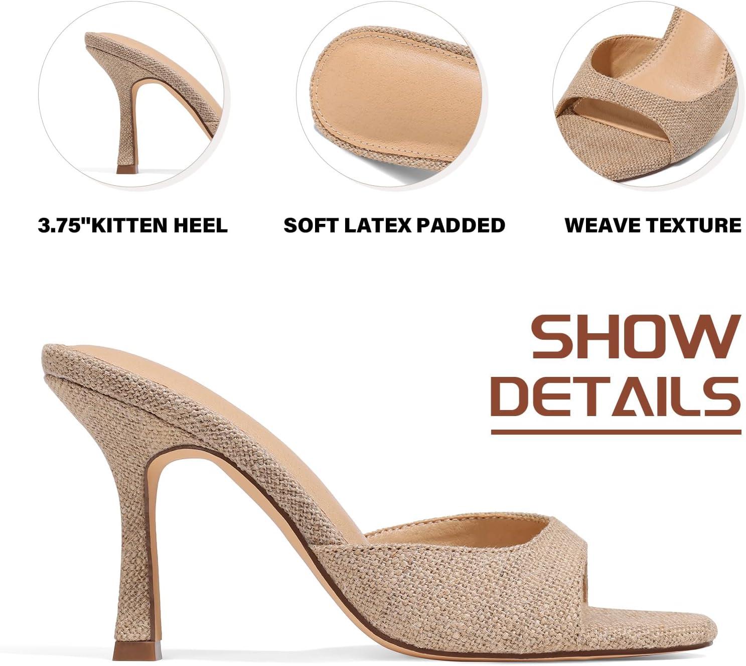 image:imageRaffia Woven Heels Sandals for Women Slip On Kitten Heels Mule Slides Open toe Espadrille Summer Dress CasualKhaki