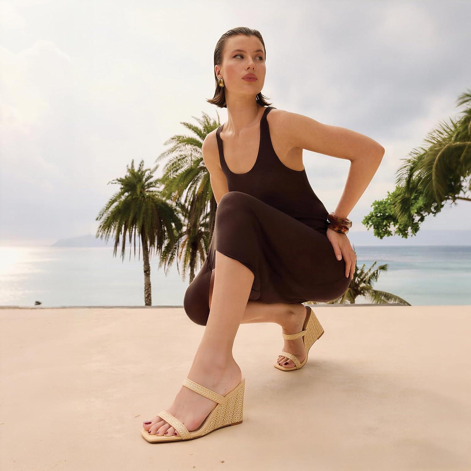 image:imageWedge Sandals for Women Beach Shoes Espadrilles Square Toe Chunky Heel SlipOn Slides Summer Wedding Dress1 Apricot