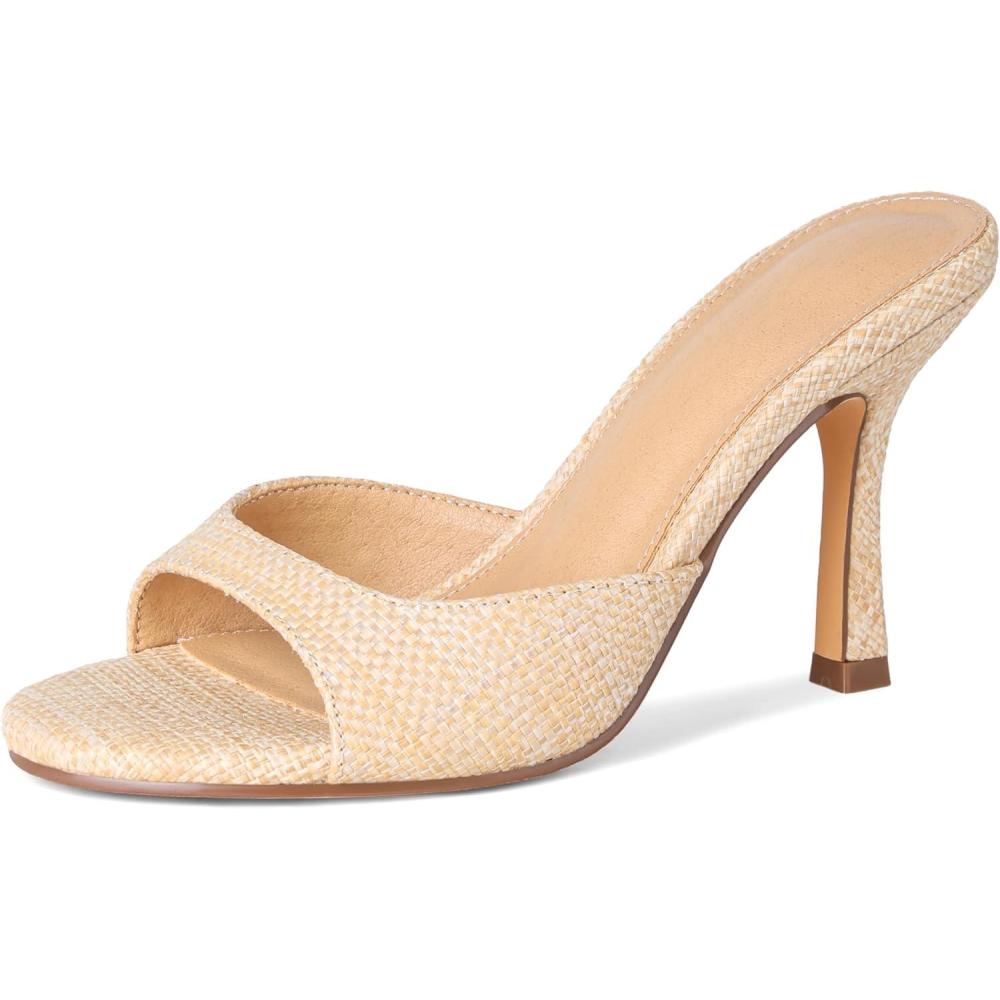 image:imageRaffia Woven Heels Sandals for Women Slip On Kitten Heels Mule Slides  Open toe Espadrille Summer Dress CasualApricot