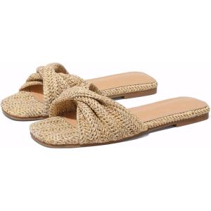 Raffia Flat Sandals for Women Straw Woven Braided Twist Slip On Slides – Summer, Open Toe, Beach, Comfort, Dressy(Natural)